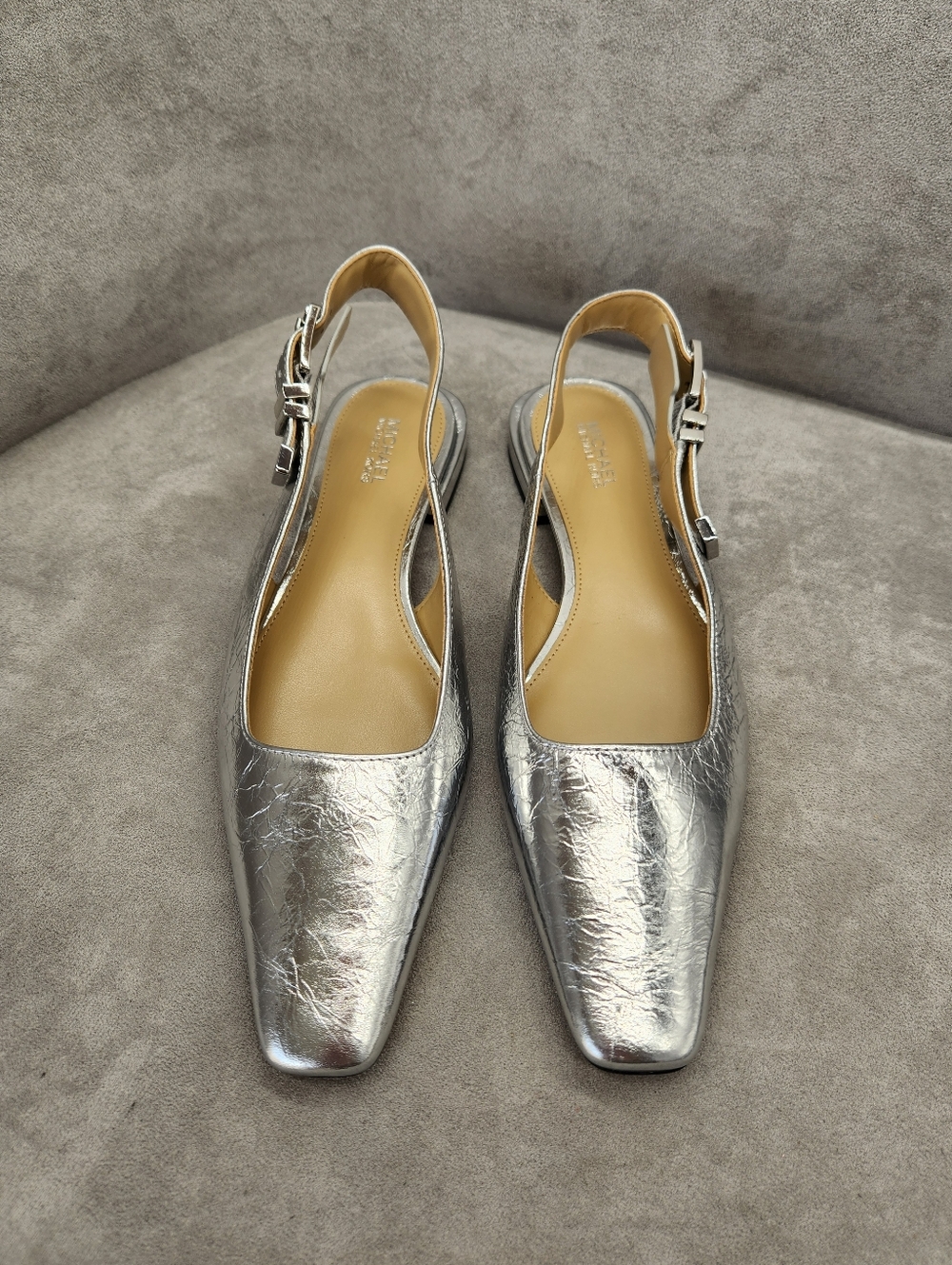 Michael Kors Slingback Flats 6.5 Silver leather Darrington Metallic Logo New$135